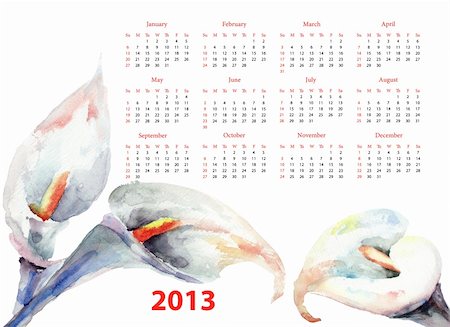 Calendar for 2013 with Calla Lily flowers, watercolor illustration Foto de stock - Super Valor sin royalties y Suscripción, Código: 400-06384707
