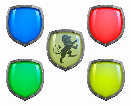 Illustration of shield in 5 different colours and lion motif Stock Photo - Budget Royalty-Free & Subscription, Code: 400-06384854