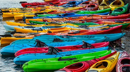 simsearch:400-05362222,k - Colorful fiberglass kayaks tethered to each other Stock Photo - Budget Royalty-Free & Subscription, Code: 400-06385074