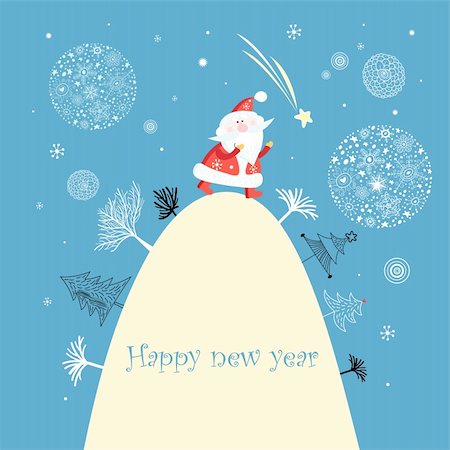 drawing designs for greeting card - Bright Christmas greeting card with Santa Claus on a hill on a blue background with snowflakes and trees Stock Photo - Budget Royalty-Free & Subscription, Code: 400-06385116