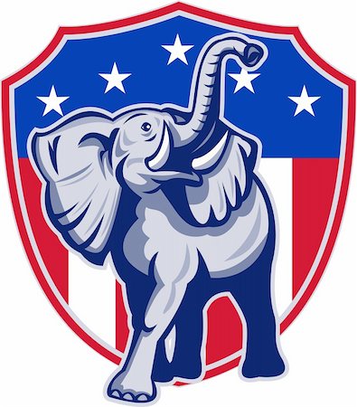 elephant illustration - Illustration of a republican elephant mascot with American USA stars and stripes flag shield done in retro style. Stock Photo - Budget Royalty-Free & Subscription, Code: 400-06386275