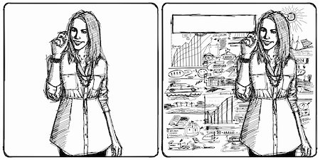 sketching idea - Sketch, comics style business woman writing something on glassboard with marker Stock Photo - Budget Royalty-Free & Subscription, Code: 400-06386977