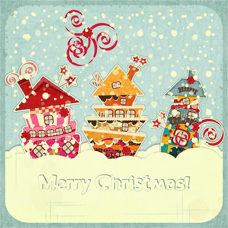 Christmas houses and snow - postcard in retro style - vector illustration Fotografie stock - Microstock e Abbonamento, Codice: 400-06387232