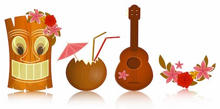 simsearch:400-04347146,k - Hawaiian icons - tiki, ukulele, hibiscus on white background - vector illustration Fotografie stock - Microstock e Abbonamento, Codice: 400-06387287