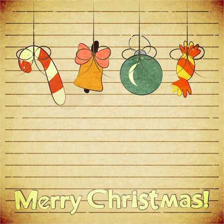 Christmas vintage postcard with toys and text Merry Christmas! in Retro style - vector illustration Fotografie stock - Microstock e Abbonamento, Codice: 400-06387282