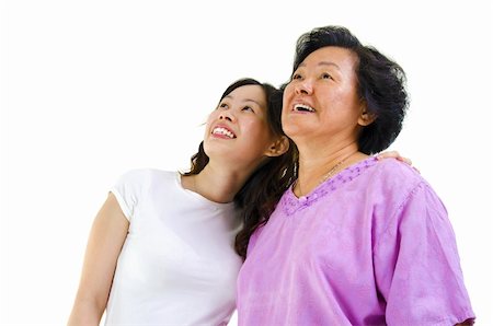 simsearch:400-04400433,k - Senior Asian woman and young daughter looking away with smiling, on white background. Stock Photo - Budget Royalty-Free & Subscription, Code: 400-06387431