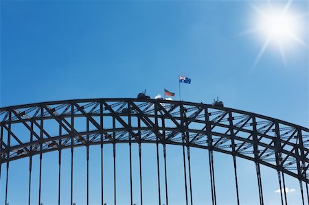 middle part  of the Sydney Harbour Bridge with climbers and flags Stock Photo - Budget Royalty-Free & Subscription, Code: 400-06387572