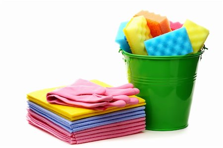 simsearch:400-07994447,k - Cleaning cloths and bucket with colored sponges on white background. Stock Photo - Budget Royalty-Free & Subscription, Code: 400-06388531