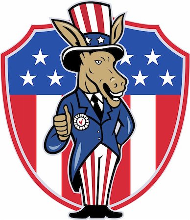 democratic party - Illustration of a democrat donkey mascot of the democratic grand old party gop wearing hat and suit thumbs up set inside American stars and stripes flag shield done in cartoon style. Stock Photo - Budget Royalty-Free & Subscription, Code: 400-06389330