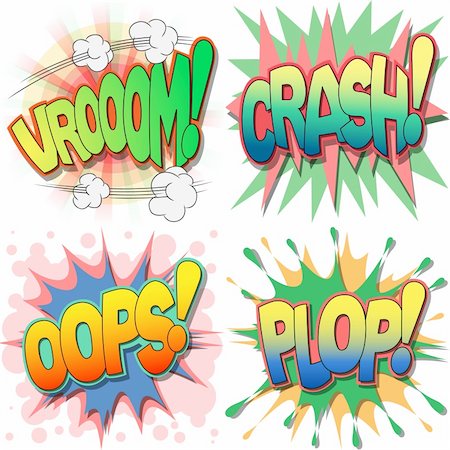 A Selection of Comic Book Exclamations and Action Words, Vroom, Crash, Oops, Plop. Stock Photo - Budget Royalty-Free & Subscription, Code: 400-06389481