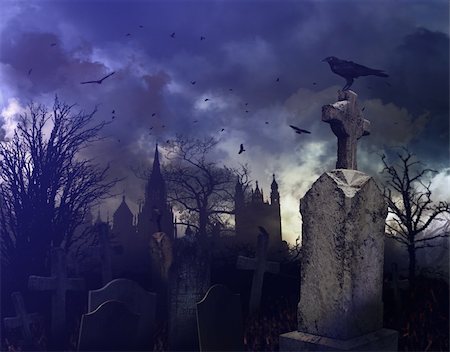 simsearch:400-04214856,k - Halloween night scene in a spooky graveyard Fotografie stock - Microstock e Abbonamento, Codice: 400-06394302