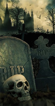 Scary night scene in graveyard with skull and graves Stock Photo - Budget Royalty-Free & Subscription, Code: 400-06394303