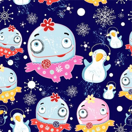 simsearch:400-06881290,k - Helle nahtlose Weihnachten Muster mit Monstern und Pinguine auf dunkel blauem Hintergrund mit Schneeflocken Stockbilder - Microstock & Abonnement, Bildnummer: 400-06394456
