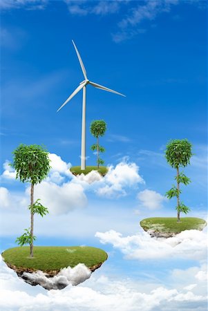Schwimmende Inseln mit Pflanzen und Windkraftwerk in den Wolken Stockbilder - Microstock & Abonnement, Bildnummer: 400-06394487