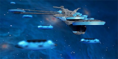 spaceships - Flying saucers come back to a spaceport near a blue nebula in space. Stock Photo - Budget Royalty-Free & Subscription, Code: 400-06394952