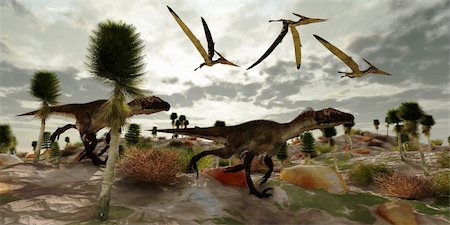 simsearch:400-08696820,k - Trois dinosaures de reptile ptérosaure voler le long et regardez-les deux Utahraptors ils chassent pour partager dans la tuer. Photographie de stock - Aubaine LD & Abonnement, Code: 400-06394964