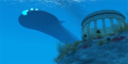 A submarine passes over a Greek temple ruin near a reef with sea life. Stock Photo - Budget Royalty-Free & Subscription, Code: 400-06394962