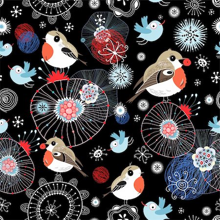 Christmas seamless pattern with birds on a black background with snowflakes Stock Photo - Budget Royalty-Free & Subscription, Code: 400-06395135