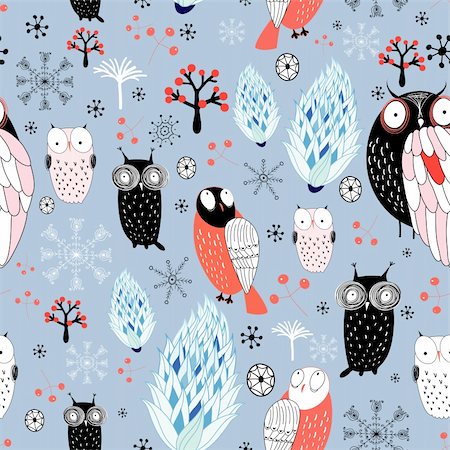 Seamless winter pattern of owls and snowflakes on a blue background Stock Photo - Budget Royalty-Free & Subscription, Code: 400-06395614