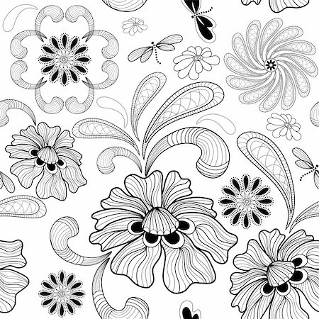 simsearch:400-05922161,k - Répétition d'un motif floral blanc avec fleurs sculptées et des libellules (vecteur) Photographie de stock - Aubaine LD & Abonnement, Code: 400-06395673