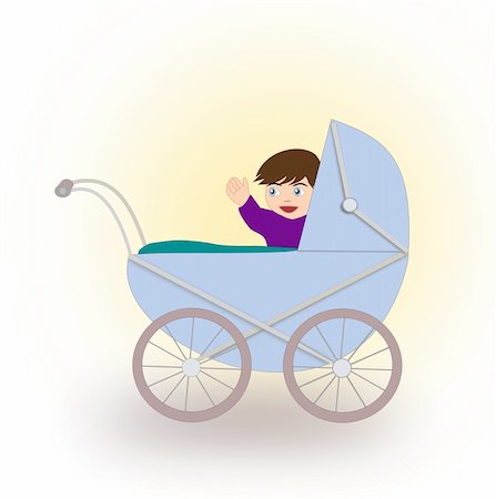 Happy baby sitting in an     old-fashioned blue baby stroller. Stock Photo - Budget Royalty-Free & Subscription, Code: 400-06395725