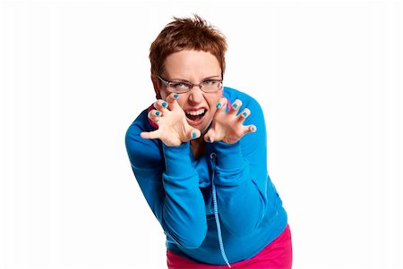 Young woman makes funny face. Isolated on white. Studio shot. Foto de stock - Super Valor sin royalties y Suscripción, Código: 400-06395925