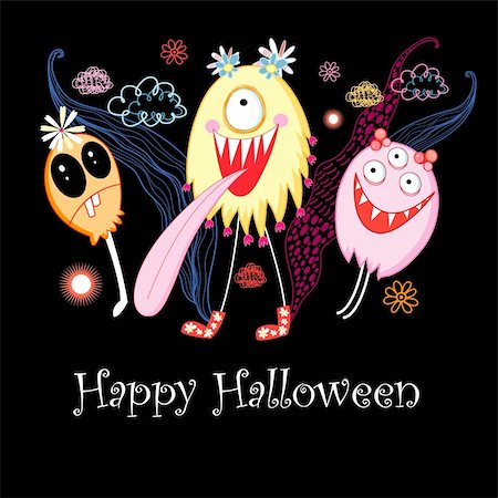 bright greeting card for Halloween with fun colorful monsters on a black background with clouds Foto de stock - Super Valor sin royalties y Suscripción, Código: 400-06395966