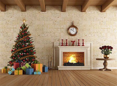 reloj de sol - Salon vintage avec des cadeaux de Noël-arbre et cheminée - rendu Photographie de stock - Aubaine LD & Abonnement, Code: 400-06396168