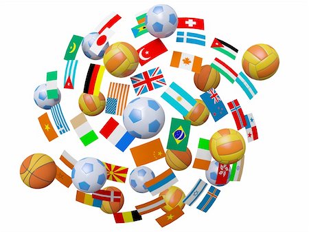 simsearch:400-07338591,k - Football, volleyball, basketball balls and flags a symbol of the international competitions 3d Fotografie stock - Microstock e Abbonamento, Codice: 400-06396204
