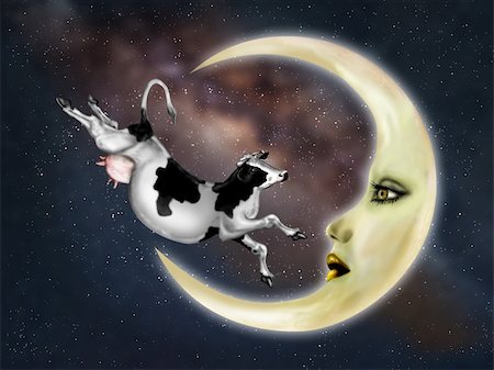 rhyme - Illustration of a dairy cow jumping over the moon Stock Photo - Budget Royalty-Free & Subscription, Code: 400-06396316