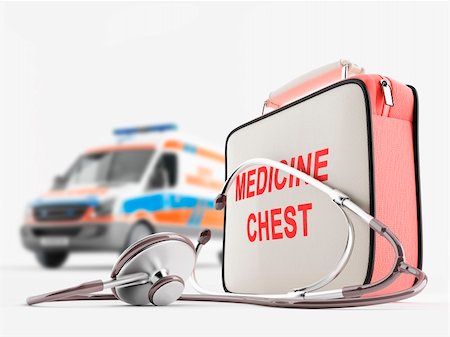 First aid kit and stethoscope against ambulance Fotografie stock - Microstock e Abbonamento, Codice: 400-06396762