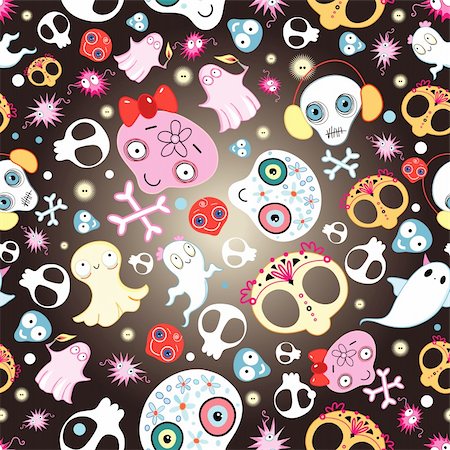 simsearch:400-06524884,k - Bright seamless pattern of funny skulls and ghosts on a dark background Foto de stock - Super Valor sin royalties y Suscripción, Código: 400-06397119