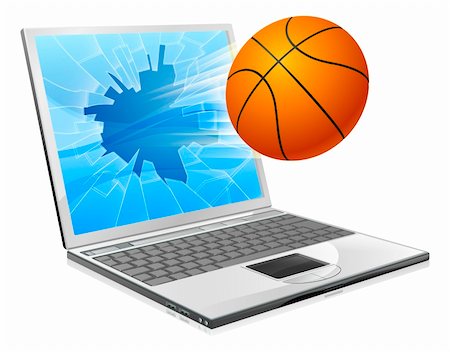Illustration of a basketball ball flying out of a broken laptop computer screen Stock Photo - Budget Royalty-Free & Subscription, Code: 400-06390132