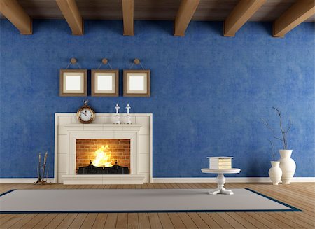 blue vintage interior with classic fireplace and wooden ceiling Stock Photo - Budget Royalty-Free & Subscription, Code: 400-06390686