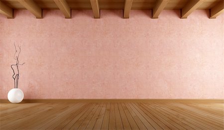 stucco - empty room with salmon pink stucco wall and wooden ceiling - rendering Stock Photo - Budget Royalty-Free & Subscription, Code: 400-06390689