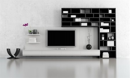 black and white  living room with tv stand and bookcase - rendering Stock Photo - Budget Royalty-Free & Subscription, Code: 400-06390691