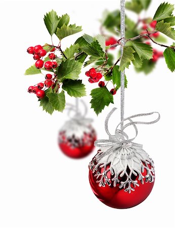 Red Christmas balls with hawthorn berries branch, isolated on white Stock Photo - Budget Royalty-Free & Subscription, Code: 400-06390755