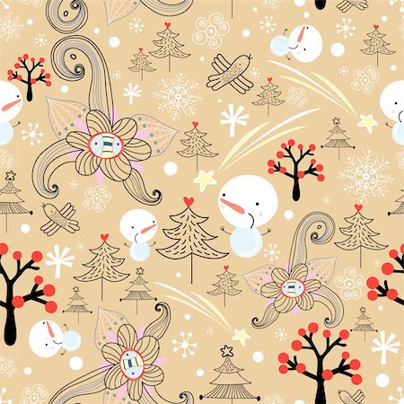 Christmas seamless pattern with trees and snowmen on an orange background with snowflakes Stock Photo - Budget Royalty-Free & Subscription, Code: 400-06393187