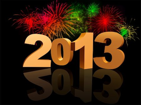 golden 2013 with reflection and colourful fireworks Stock Photo - Budget Royalty-Free & Subscription, Code: 400-06393515
