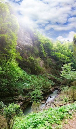 sun stream - Mountain river flowing at summer forest landscape Stock Photo - Budget Royalty-Free & Subscription, Code: 400-06393742
