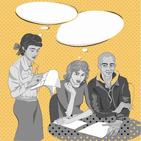 Pop art hand drawn illustration of a three people conversation in a cozy restaurant with comics style speech bubbles Stock Photo - Budget Royalty-Free & Subscription, Code: 400-06408329