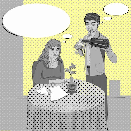 Pop art hand drawn illustration of two people conversation in a cozy restaurant with comics style speech bubbles Stock Photo - Budget Royalty-Free & Subscription, Code: 400-06408330