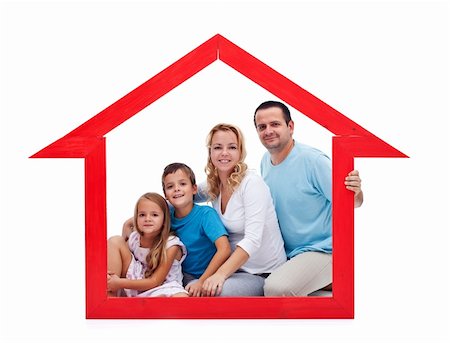 simsearch:400-08955759,k - Concept de famille et à la maison avec jeunes adultes et deux enfants dans la maison en forme de cadre - isolé Photographie de stock - Aubaine LD & Abonnement, Code: 400-06408410