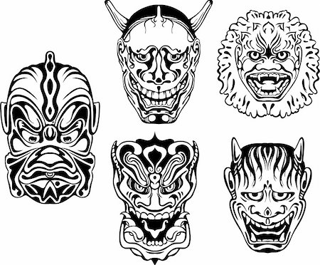 Japanese Demonic Noh Theatrical Masks. Set of black and white vector illustrations. Stock Photo - Budget Royalty-Free & Subscription, Code: 400-06408629