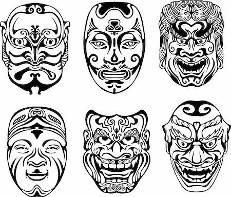 Japanese Nogaku Theatrical Masks. Set of black and white vector illustrations. Stock Photo - Budget Royalty-Free & Subscription, Code: 400-06408634