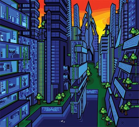 An illustration of a futuristic city at sunset. Foto de stock - Super Valor sin royalties y Suscripción, Código: 400-06408807