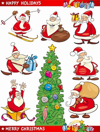 santa claus ski - Cartoon Illustration of Santa Clauses, Christmas Tree and other Themes set Foto de stock - Super Valor sin royalties y Suscripción, Código: 400-06408817