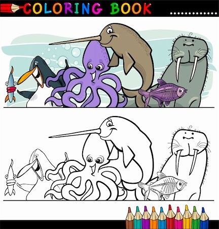 Coloring Book or Page Cartoon Illustration of Funny Marine and Sea Life Animals for Children Education Stock Photo - Budget Royalty-Free & Subscription, Code: 400-06408840
