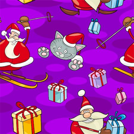 santa claus ski - Seamless Pattern Cartoon Illustration of Santa Clauses and other Christmas Themes for Wrapper or Paper Pack and Design Foto de stock - Super Valor sin royalties y Suscripción, Código: 400-06408863