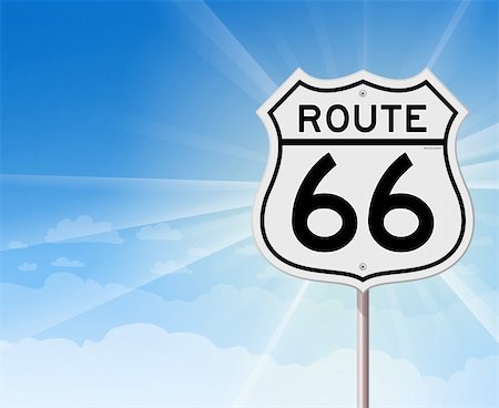 simsearch:400-05714567,k - Illustration de fond nuageux bleu avec Route 66 signe au premier plan Photographie de stock - Aubaine LD & Abonnement, Code: 400-06408875